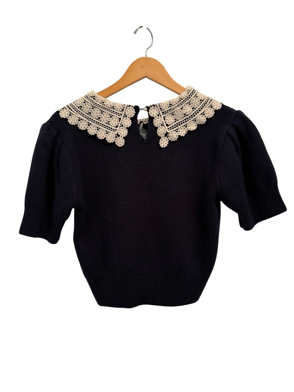 NWT Caroline Constas Lace Collar Wool Blend Short Sleeve Cropped Sweater Small - Picture 2 of 11